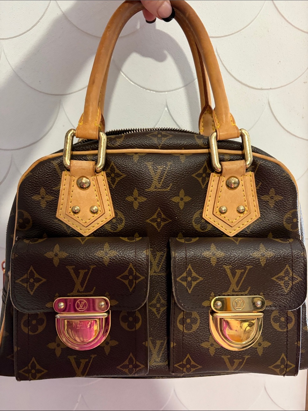 Louis Vuitton Brown Monogram Canvas Satchel with Tan Handles and Gold Hardware